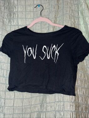 Black Graphic Crop Tee - 'You Suck' Short Sleeve Top